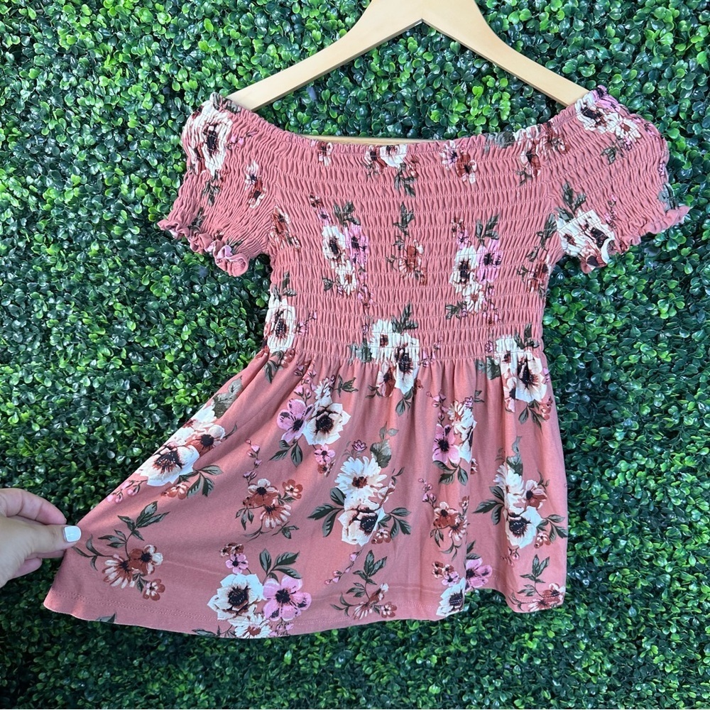 Mauve pink floral smocked off shoulder top